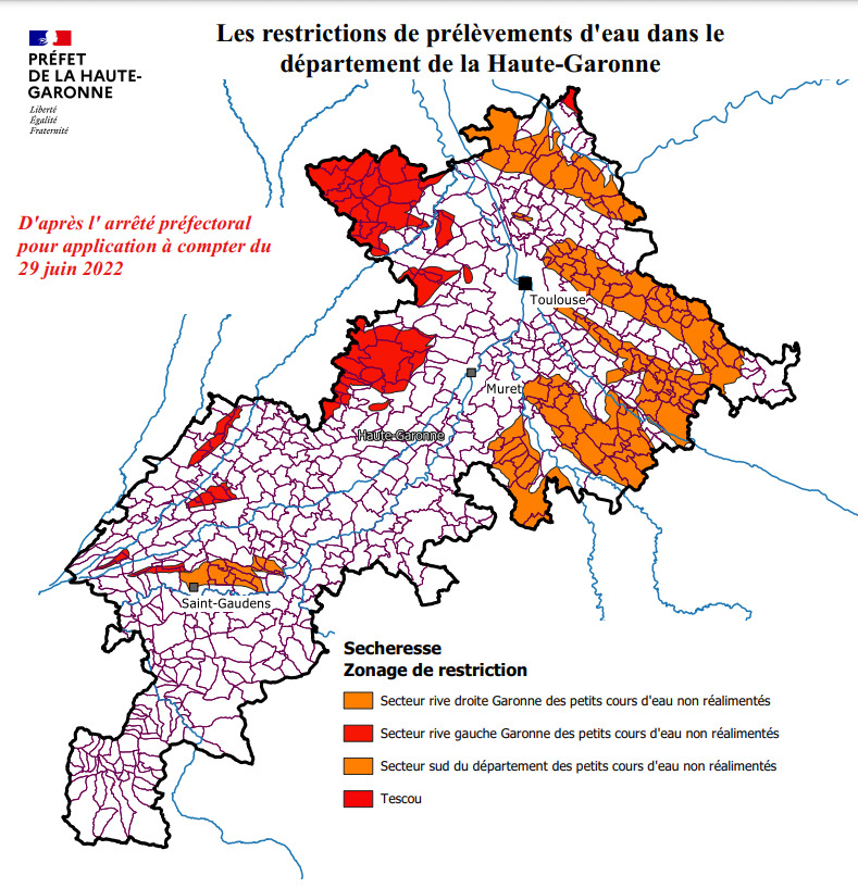 Arrêté préfectoral du 24 juin 2022 portant sur des restrictions de prélèvement d'eau dans le département de la Haute-Garonne