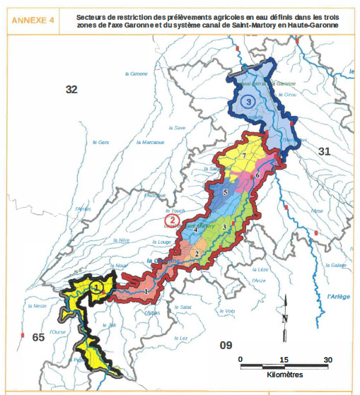 Secteurs de restriction des prélèvements agricoles en eau définis dans les trois zones de l'axe Garonne et du système canal de Saint-Martory en Haute-Garonne