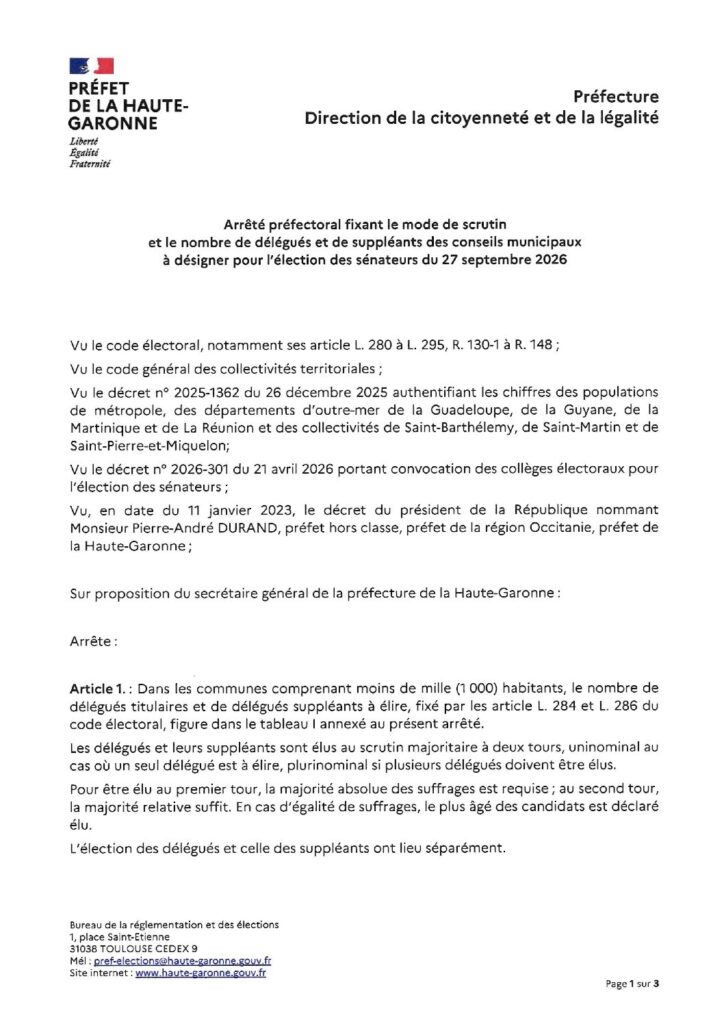 Arrêté préfectoral fixant le mode de scrutin et le nombre de délégués et de suppléants des conseils municipaux à désigner pour l'élection des sénateurs du 27 septembre 2026