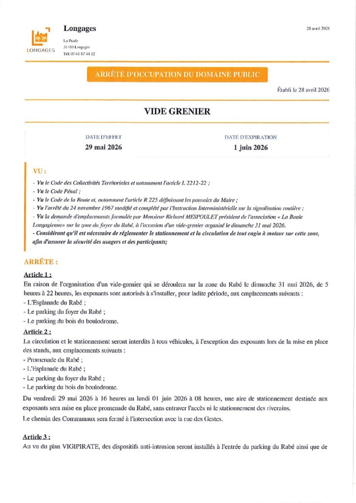ARRETE Occupation Du Domaine Public Vide Grenier Boule Du 28/04/2026