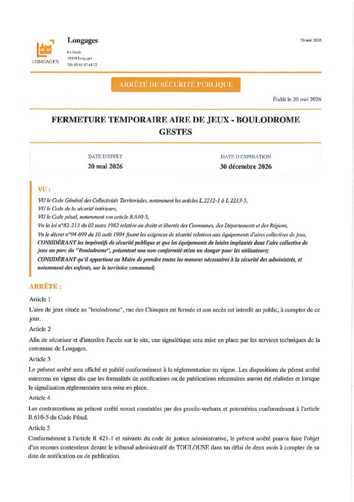 Arrete fermeture temporaire aire de jeu Gestes du 20/05/2026