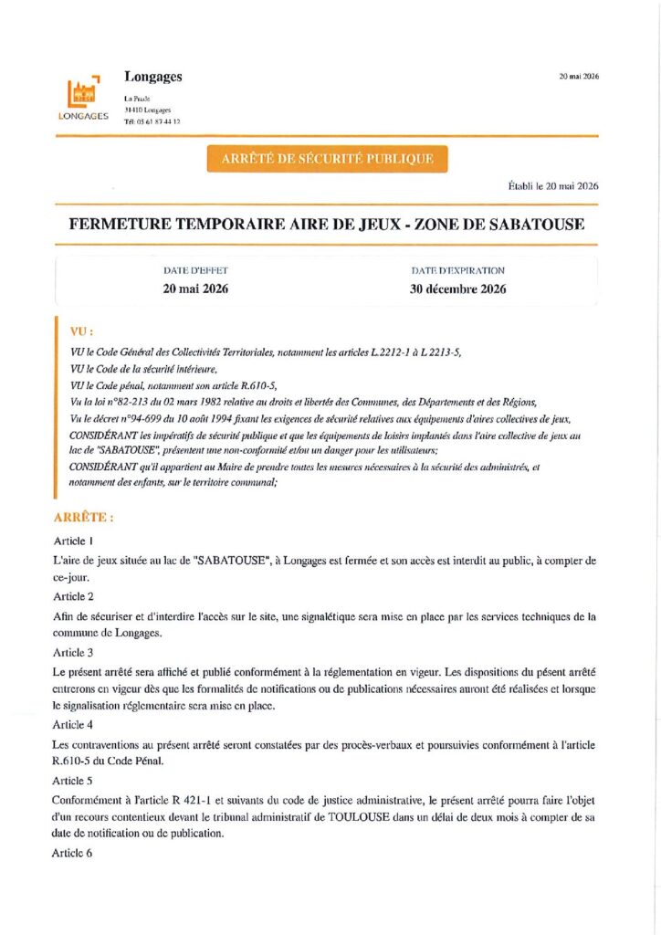 Arrete fermeture temporaire aire de jeu Sabatouse du 20/05/2026