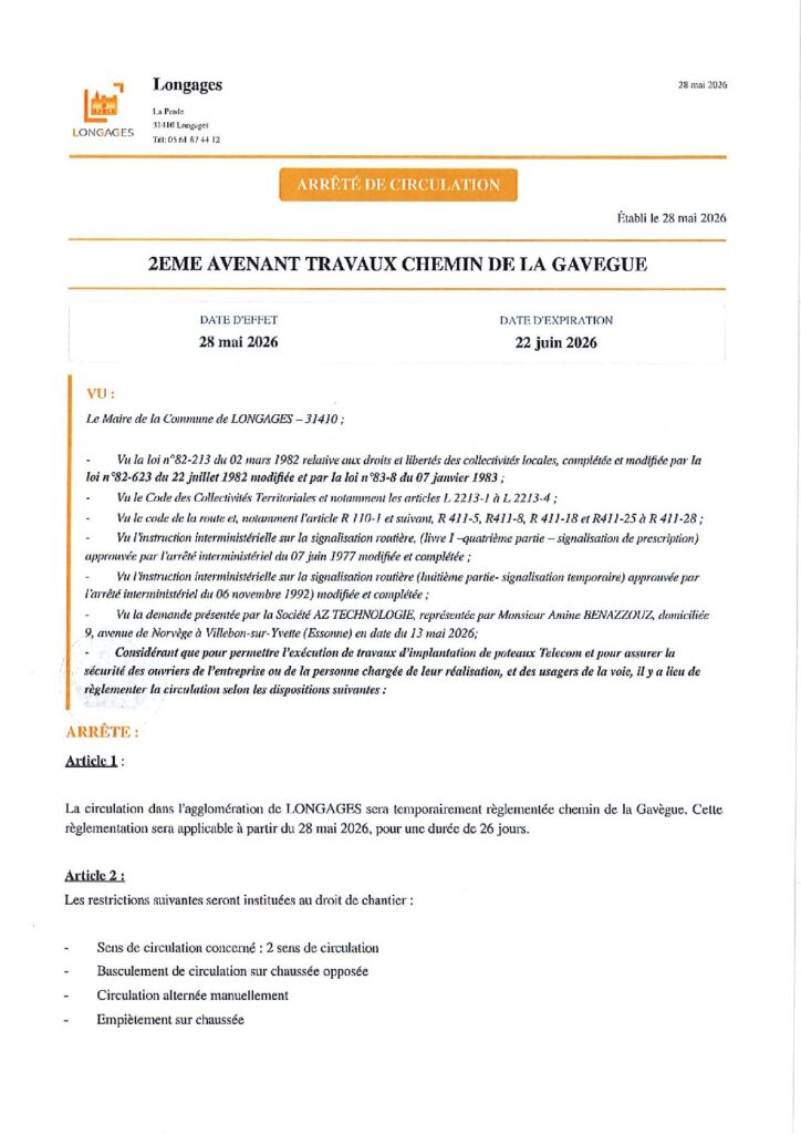 2EME AVENANT TRAVAUX CHEMIN DE LA GAVEGUE