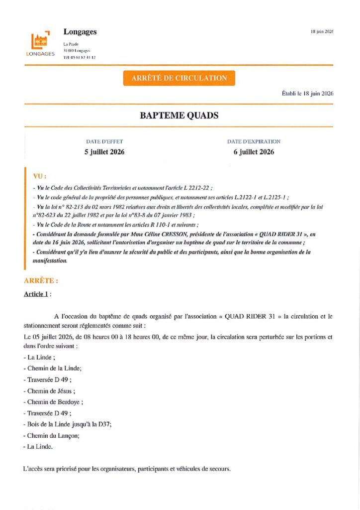 ARRETE Baptêmes Quads Du 05072026