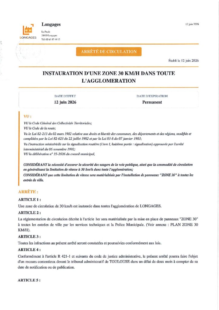 ARRETE INSTAURATION ZONE 30 LONGAGES JUIN 2026