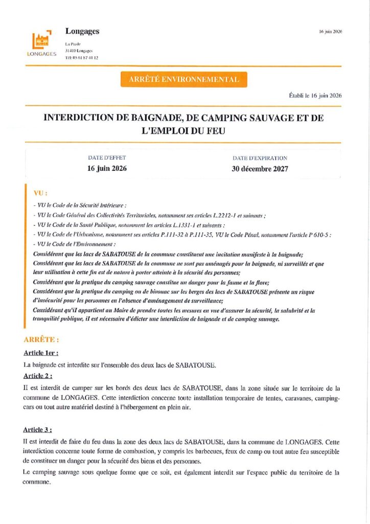 ARRETE INTERDICTION DE BAIGNADE SABATOUSE Du 16062026