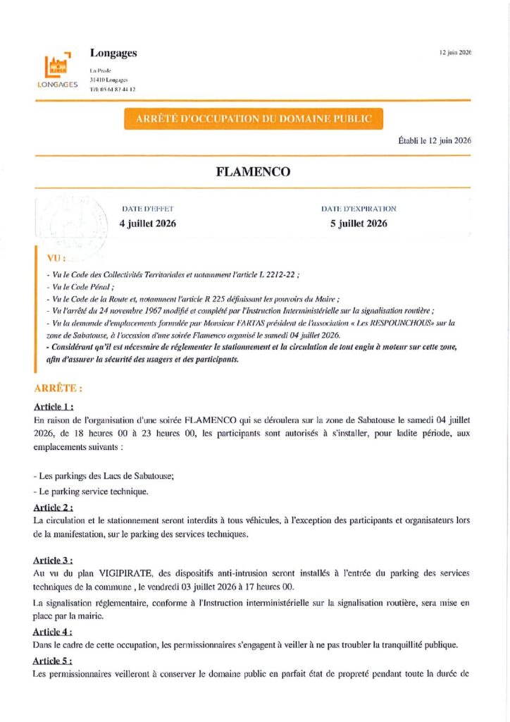 ARRETE OCCUPATION DU DOMAINE PUBLIC Flamenco 04 Juillet 2026