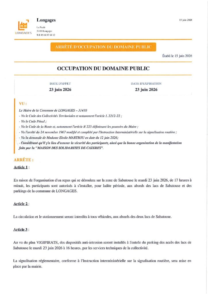ARRETE OCCUPATION DU DOMAINE PUBLIC Maison Des Solidarité CAZERES