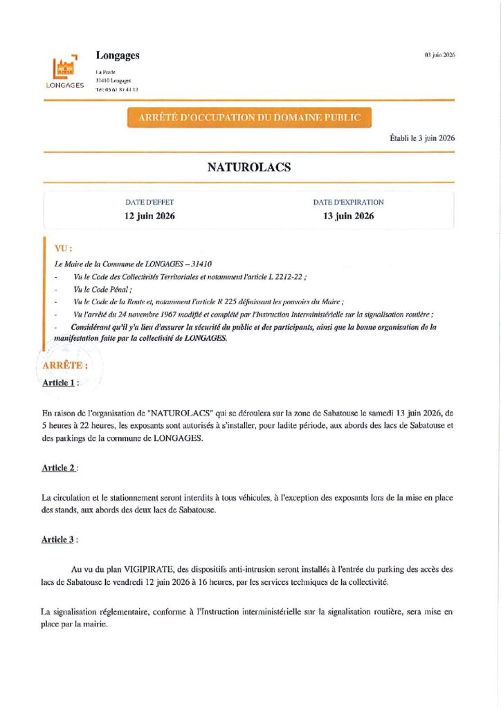 ARRETE OCCUPATION DU DOMAINE PUBLIC NATUROLAC Du 04062026