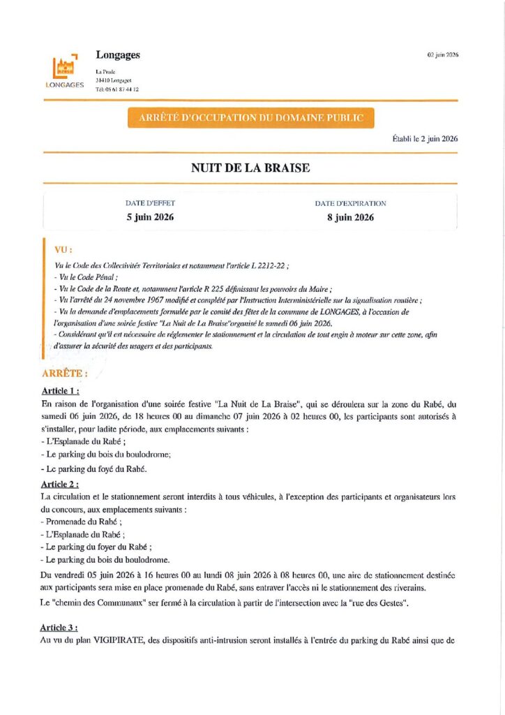 ARRETE OCCUPATION DU DOMAINE PUBLIC Nuite De La Braise Du 02062026