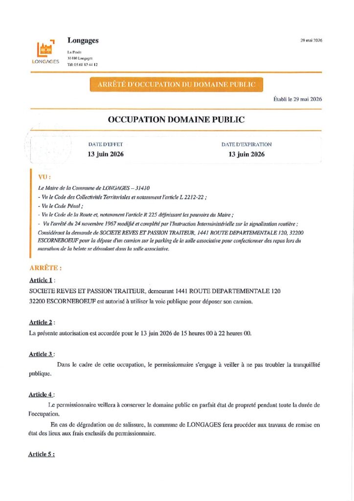 ARRETE OCCUPATION DU DOMAINE PUBLIC Société REVES ET PASSION Du 02062026