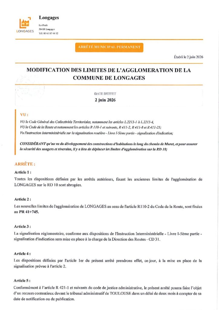 ARRETE PERMANENT MODIFICATION DES LIMITES DE L'AGGLOMERATION Du 02062026