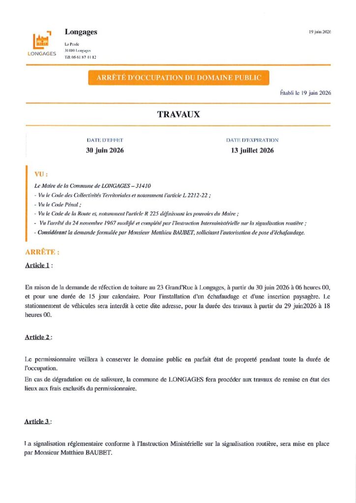 ARRETE Travaux Toiture Grand'Rue Du 19062026