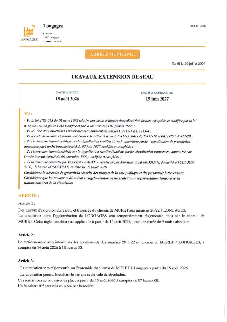 ARRETE EXTENSION DE RESEAU Chemin De Muret Du 20072026