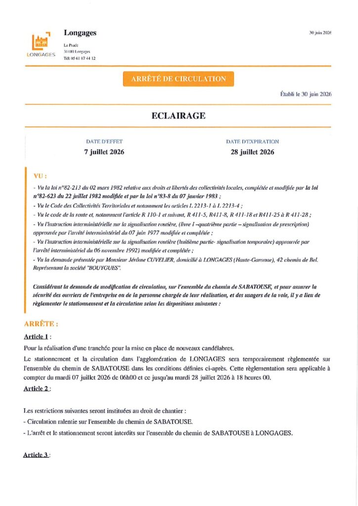 ARRETE Eclairage Chemin De Sabatouse Du 30062026