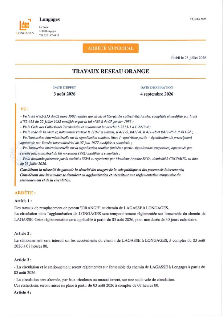 ARRETE TRAVAUX RESEAU ORANGE Du 23072026
