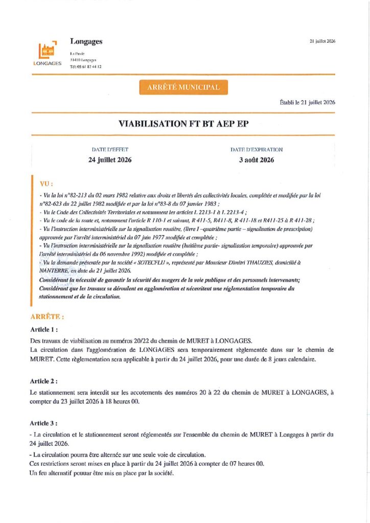 ARRETE VIABILISATION FT BT AEP EP Chemin De Muret Du 21072026