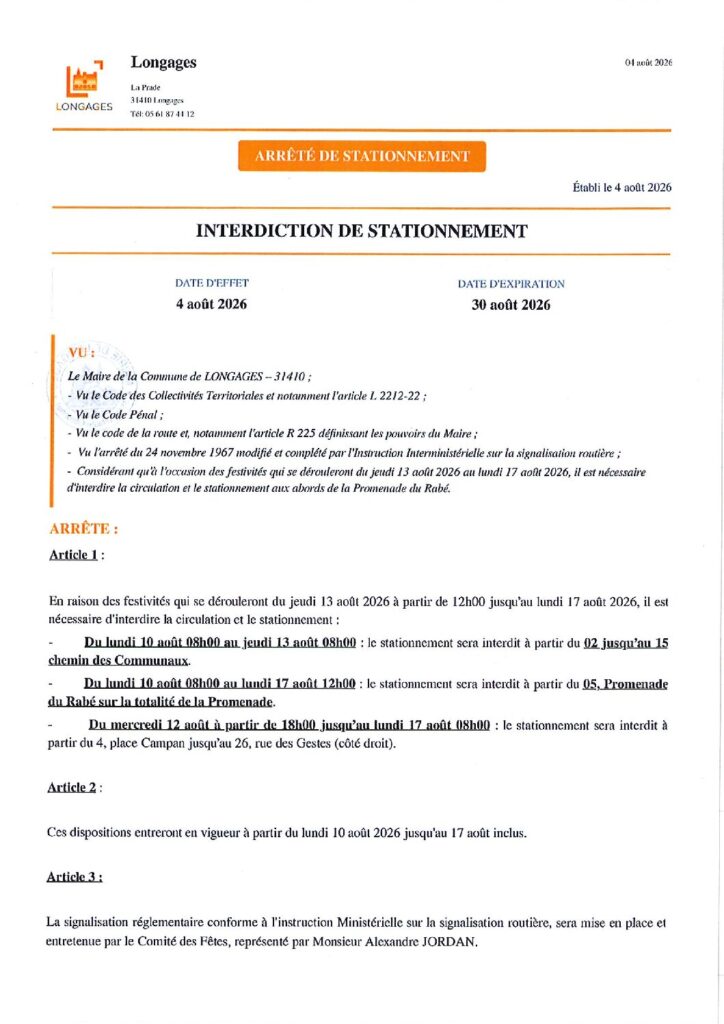 ARRETE Interdiction De Stationnement Fête Locale Du 04 08 2026
