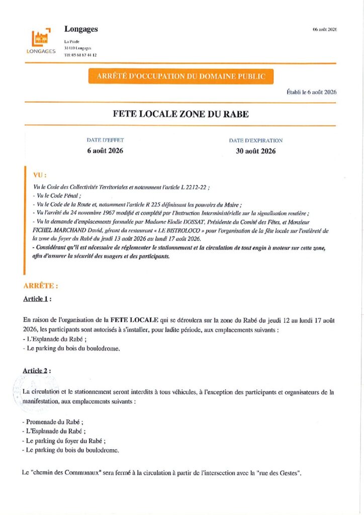 ARRETE Occupation Du Domaine Pubic FETE LOCALE Le Rabe Du 06 08 2026