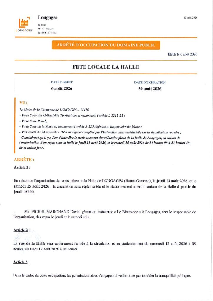 ARRETE Occupation Du Domaine Public FETE LOCALE La Halle Du 06 08 2026