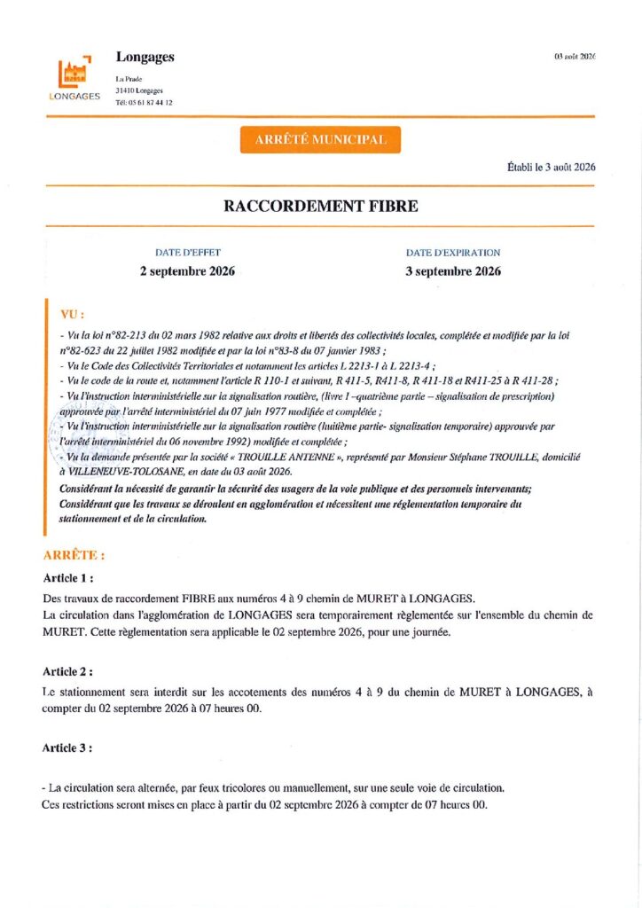 ARRETE Raccordement FIBRE Chemin De Muret Du 03 08 2026