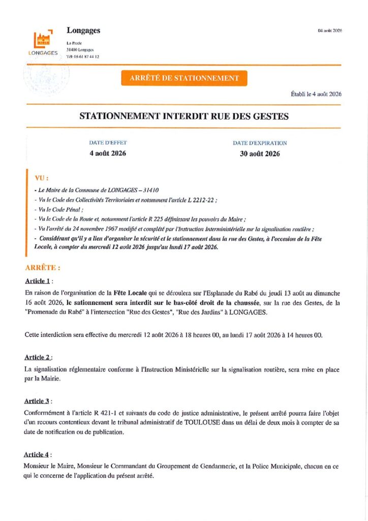 ARRETE Stationnement Interdit Rue Des Gestes Du 04 08 2026