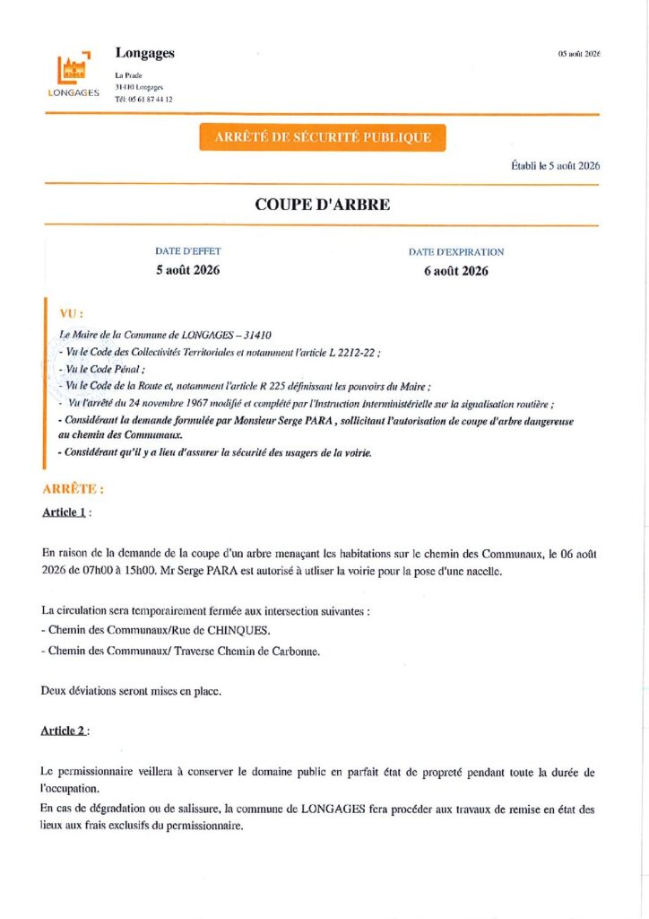 ARRETE Travaux Chemin Des Communaux Du 05 08 2026