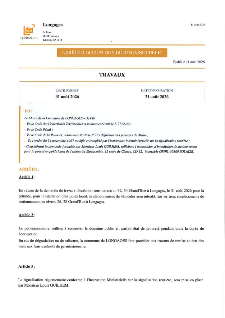 ARRETE Travaux Grandrue 31-08-2026