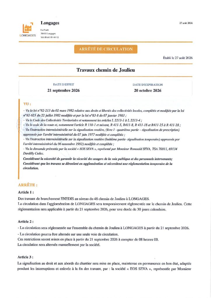 ARRETE Travaux Chemin De Joulieu du 27 août 2026