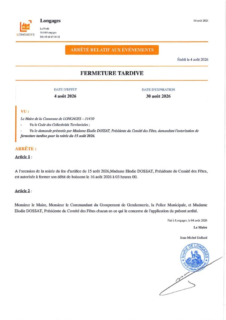 AUTORISATION Fermeture Tardive Comité Des Fêtes Du 04 08 2026