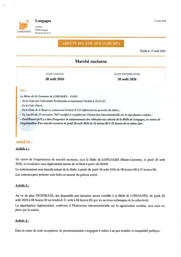 Arrêté Marché Nocturne du 20 août 2026