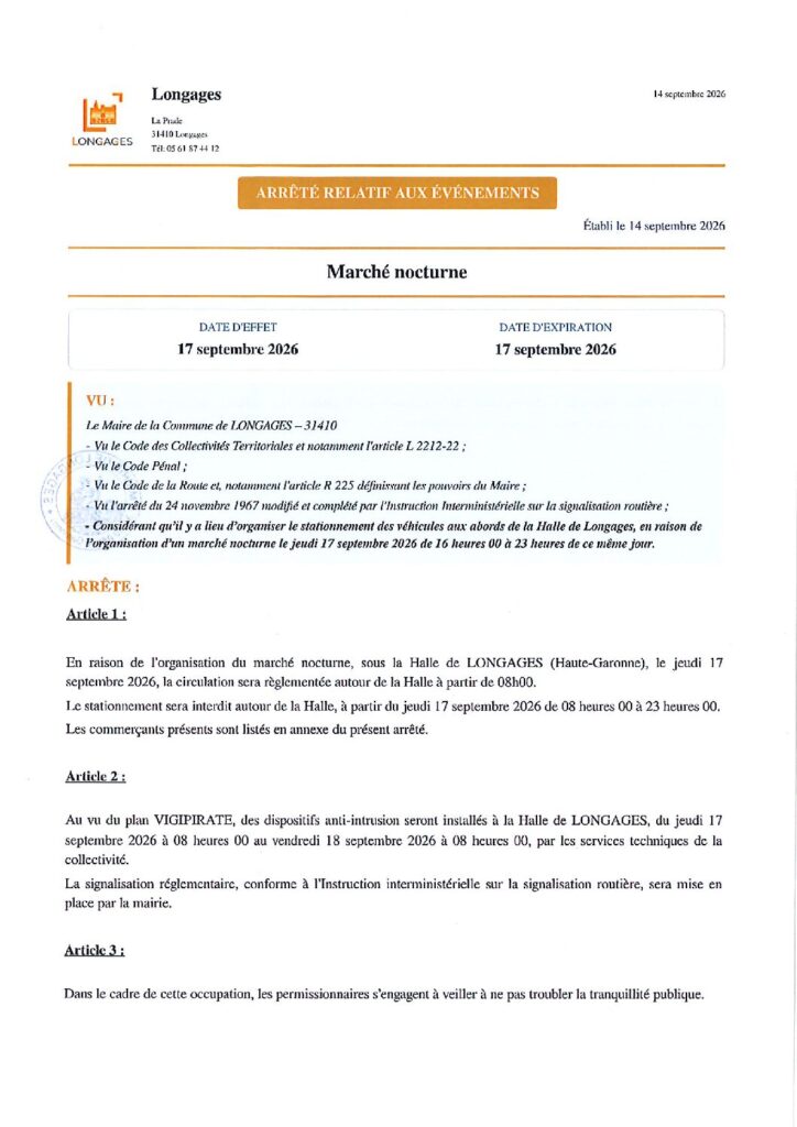 ARRETE Marché Nocturne Septembre 2026