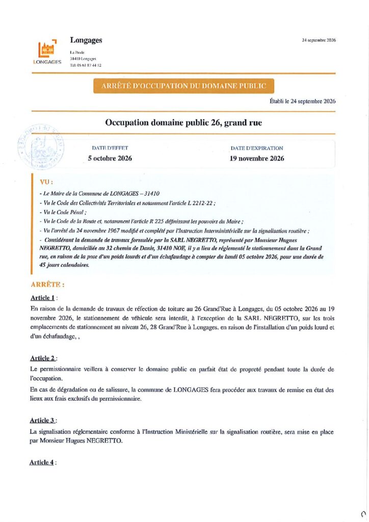 ARRETE Occupation Domaine Public 26 Grand Rue
