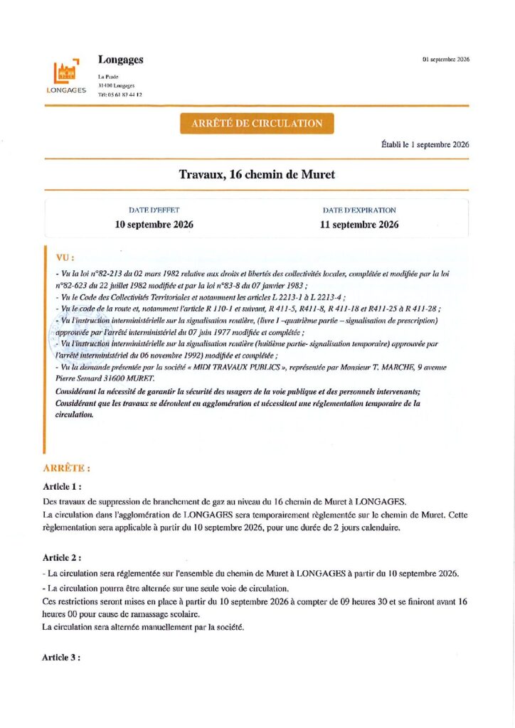 ARRETE Travaux 16 Chemin De Muret