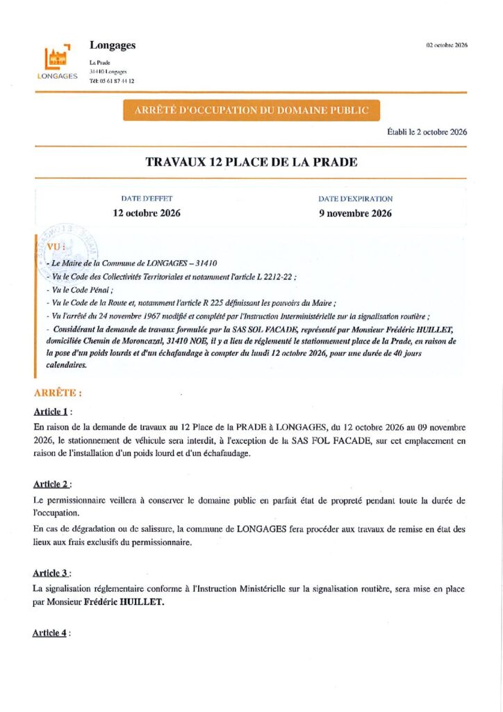 ARRETE Travaux 12 Place De La Prade