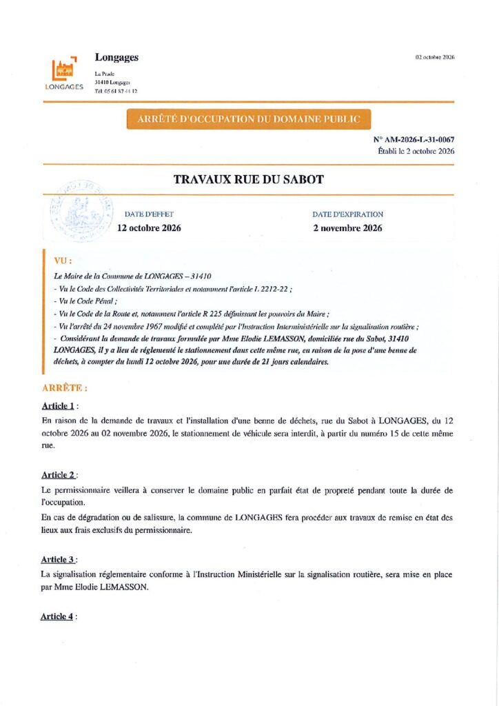 ARRETE Travaux Rue Du Sabot 12102026